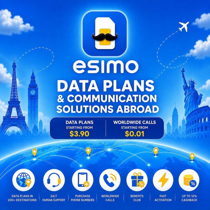 eSIMo artwork in blue: a SIM-card app icon with a moustache above the words "Data plans & communication solutions abroad", data plans from $3.90 and worldwide calls from $0.01, over the Eiffel Tower, Big Ben, the Statue of Liberty and the Colosseum, with a row of service icons